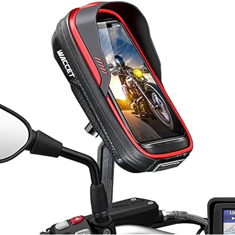 WACCET Motorbike Phone Holder Rearview Mirror Motorcycle Phone Holder Waterproof 360° Rotatable Detachable with Touch Screen Sun Visor Motorcycle Phone Mount for Phone up to 6.8 inch (Red) Cover