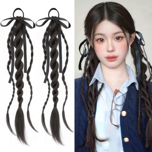 2Pcs Braided Ponytail Extensions with Hair Ties Double Twist Braid Hair Rope Ribbon Bow Soft Synthetic Hairpieces for Women Girls Daily Wear Accessories (Brownish Black)