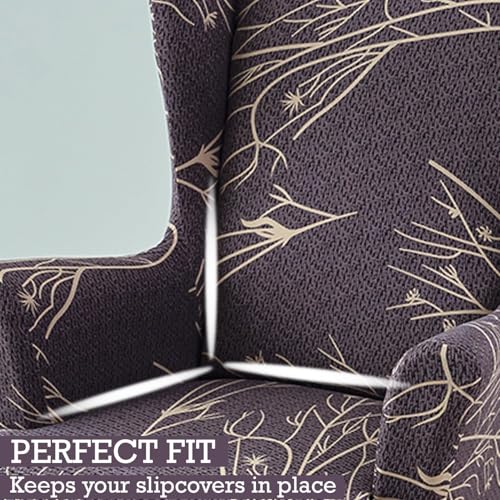 Image of HOKIPO 140 GSM Fully Covered Wingback Chair Cover, Dark Coffee Twigs (NEW-5135-D2)