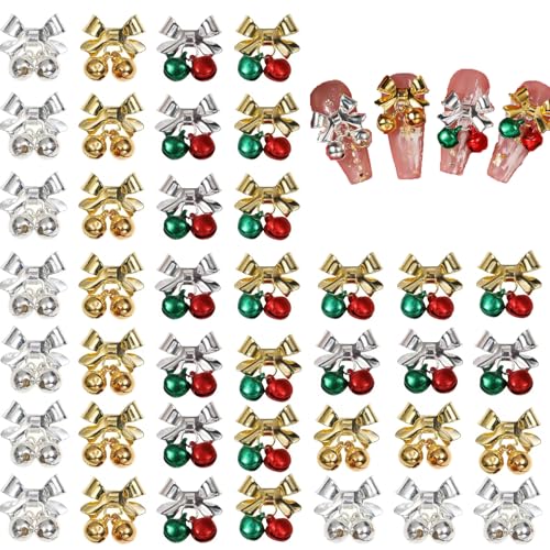 40Pcs Christmas Bell Nail Charms Gold Silver Xmas For Acrylic Nails Red Green Alloy Bell Gems And Charms Nail Jewelry For Women DIY Manicure Accessories