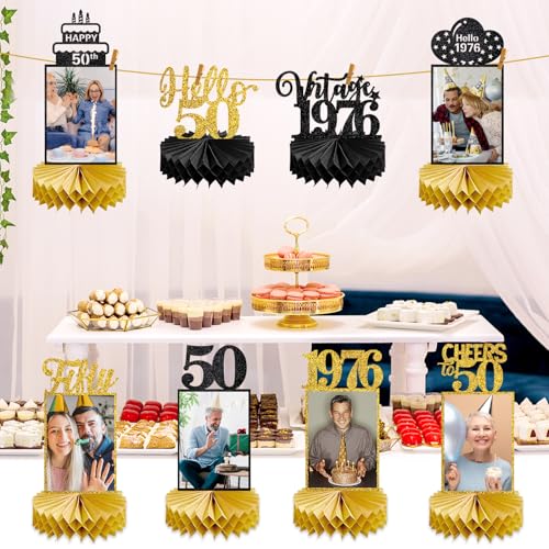Image of Eucutur 8Pcs 50th Birthday Decorations Honeycomb Centerpieces for Women Men, Black Gold Vintage 1976 50th Bday Photo Table Centerpieces Party Supplies, Glitter Cheers to 50 Year Old Bday Table Topper