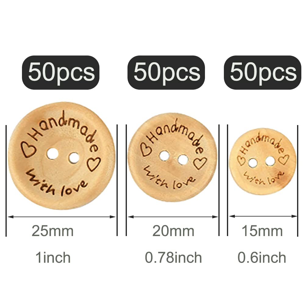 150 botones redondos de madera hechos a mano con amor, 2 agujeros para botones de costura de 15 mm/20 mm/25 mm (botón de madera)