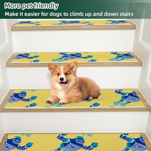 Tapis d'escalier antidérapants marches bois motif robot enfant et chien 20x76