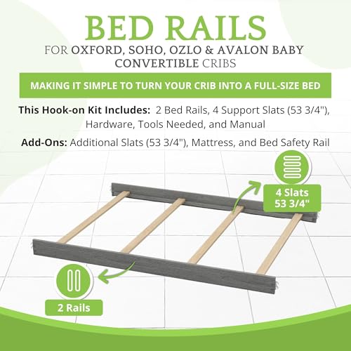 Image of Full-Size Conversion Kit Bed Rails for Oxford, Soho, Ozlo & Avalon Baby Convertible Cribs - Solid Wood - Toddler and Adult Rail for Full-Size Bed - Nursery & Baby Furniture (Marble Gray, Hook-On Kit)