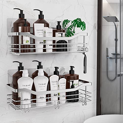 Orimade Adhesive Shower Caddy Basket Shelf With 5 Hooks Organizer Storage Rack Rustproof Wall Mounted Stainless Steel No Drilling For Bathroom, Toilet, Kitchen - 2 Pack #TOP3