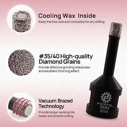 FOCSTOL Diamond Core Drill Bit - 2pcs 8mm Diamond Hole Saw for Porcelain Ceramic Tile Marble Granite Quartz M14 Thread - Image 3