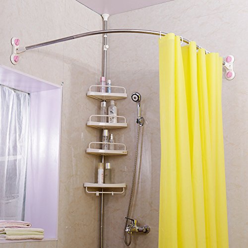 BAOYOUNI Gebogene Duschvorhangstange Ohne Bohren Duschvorhang-Spannstange Teleskopstange aus Edelstahl Gardinenstange Rostbeständig Badezimmer Gewölbte Dusche Rail Pole 95.5 x 95.5 cm, Elfenbein