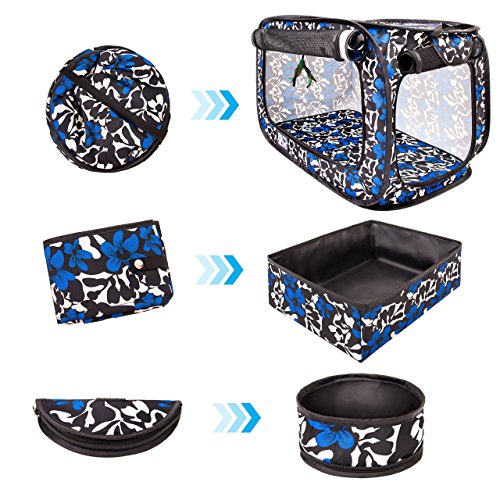 CHEERING PET, Cat Travel Cage, Portable Cat Condo, Collapsible Litter Box, Foldable Feeding Bowl, Hanging Feather Teaser and Ball, Carrying Bag, Extra Large 32" X 19" X 19" (Floral) - Thumbnail 2