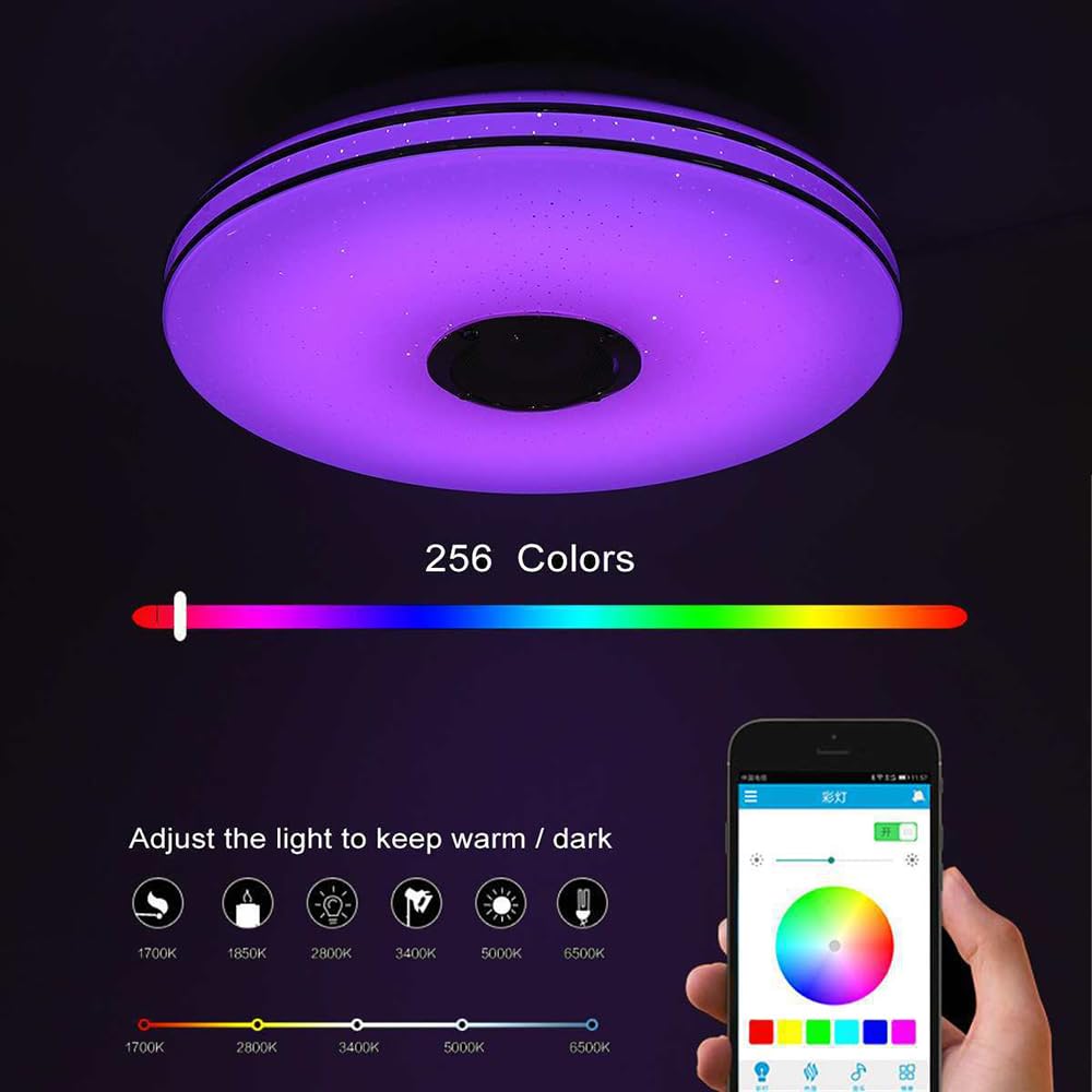 36W Lámpara RGB Lámpara De Techo LED Regulable Que Cambia Color Control Remoto Por Aplicación, Altavoz Bluetooth Lámparas De Música Para Dormitorio Sala De Estar
