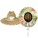 Malabar Straw Sun Hat with Flamingo Print - Wide Brim Hat for Men & Women - Adjustable Drawstring Chin Cord Sun Hat for Beach, Cruise, Paddle Board, Fishing, Boating, Hiking & Outdoor Protection