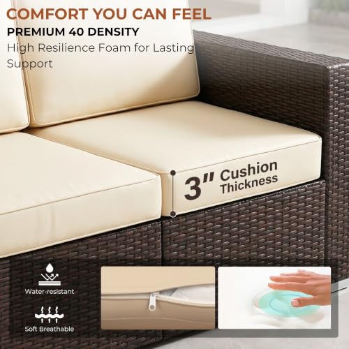 Image of DEVOKO Sera Outdoor 5 Piece HDPE Wicker Conversation Sofa Set with All Weather Water-Resistant Cushions, Glass Top Table & Ottoman for Garden, Poolside, Backyard(Dark Brown & Cream)