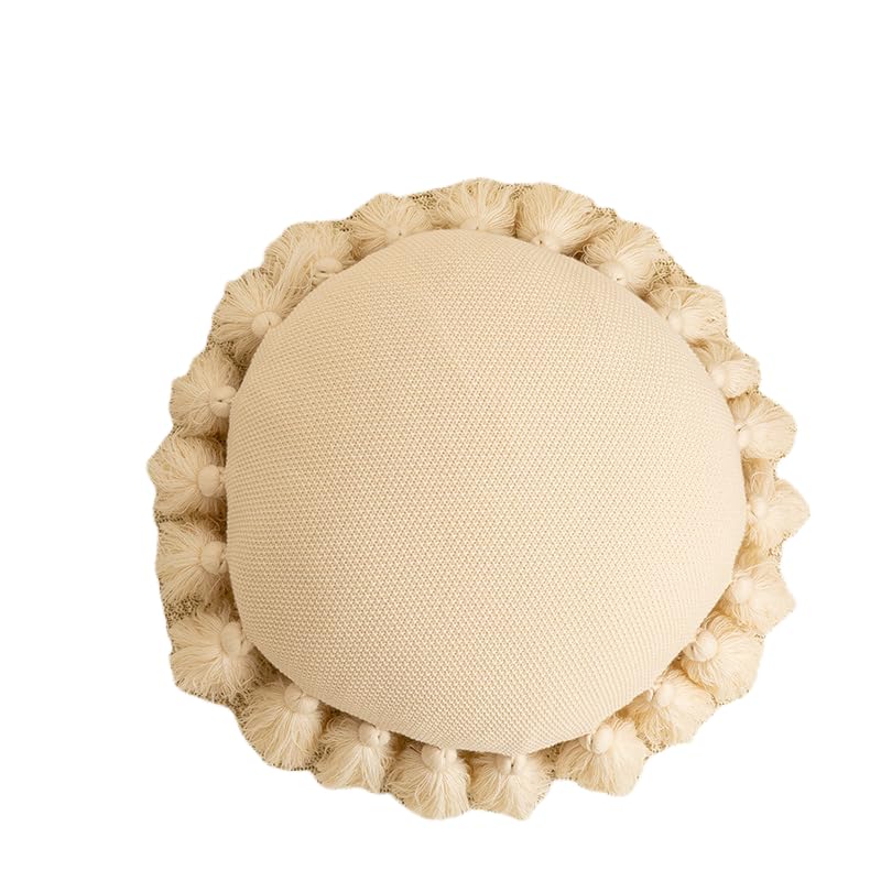 Knitted Circular Pillows with Tassels Woven Textured Throw Pillows Creative Natural Soft Sleeping Throw Pillow Cushion for Home Office Car (Beige)