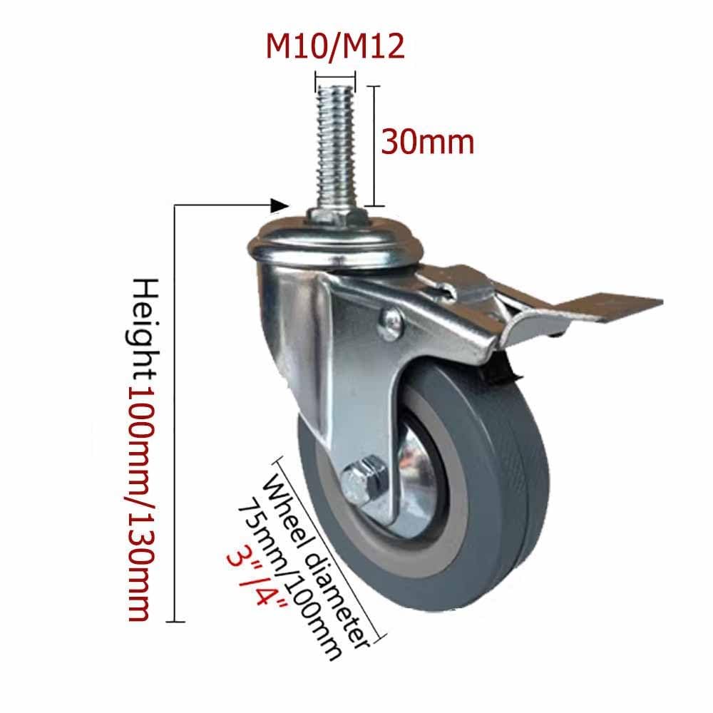 Lot de 4 Roulette Pivotante avec Frein, M10/M12 Roulettes à Tige Filetée, 100mm Roues Meuble en PU Capacité de Charge 270kg, pour Chariot, Table de Travail (Color : 100mm, Size : M10*30)