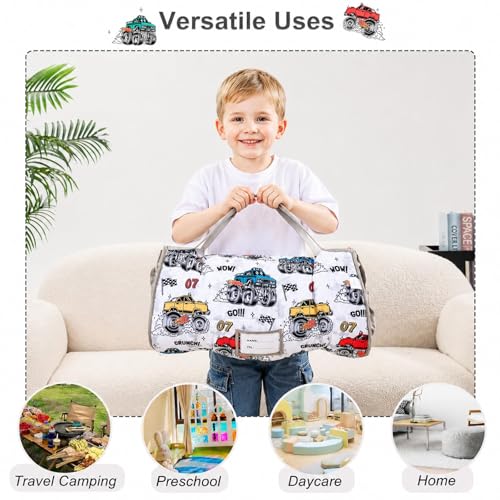 Image of Viviland Toddler Nap Mat with Pillow and Minky Blanket,Rolled Large Sleeping Mat for Boys, Kids Slumber Bag Nap Mat for Preschool, Daycare, Kindergarten, Travel Camping - Monster Truck