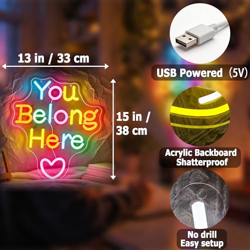 Image of You Belong Here Neon Sign for Wall Decor Light Up Sign Positive Led Signs for Class Room Party Home Wall Decor USB Powered