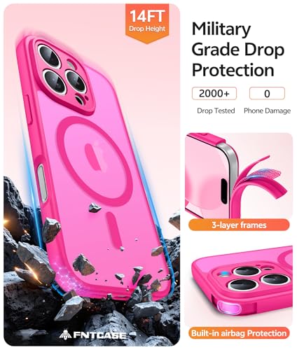 Image of FNTCASE for iPhone 16 Pro Max Case: [Compatible with Magsafe] Translucent Matte Cases with [Full Camera Protection] [Screen Protector] Military Grade Shockproof Protective Phone Cover - Hot Pink