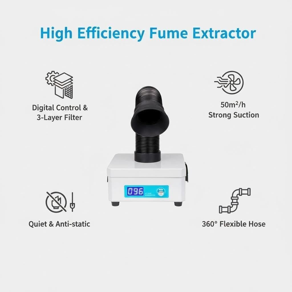 Extractor eléctrico de humos de soldadura, 15 W, con pantalla y filtro de 3 capas, extractor de silencio de 50 m³/h para soldadura láser, absorción de humo