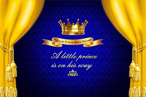 GYA Blue Royal Little Prince Baby Shower Backdrop Photography Golden Crown Yellow Curtain Baby Boy Shower Background Children Birthday Party Decoration Vinyl 5x7ft GYA152-7x5FT