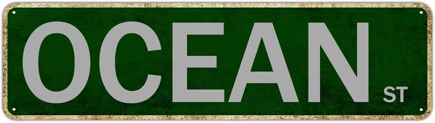 peiyeety Vintage Metal Tin Sign Decorative Wall Art Ocean St Themed Street Sign, Rustic Style, Durable Waterproof Rustproof, For Home, Coastal Decor, Beach, Easy To Mount, 4x16 Inch