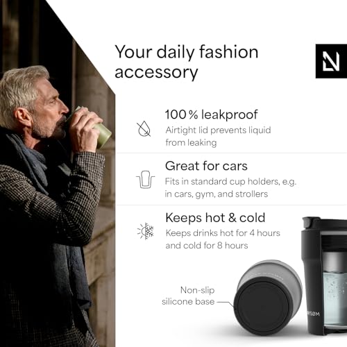 Image of LARS NYSOM Thermo Coffee Mug to go 13oz | Travel Mug 0.38 Liter with Insulation | Silicone grip base | Leak Proof Stainless Steel Tumbler for Coffee and Tea on the Go (Powder Black, 13oz)