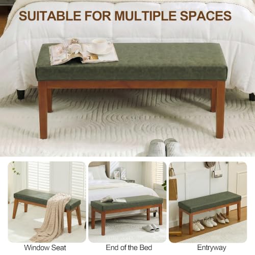 Image of 43.5 inch Upholstered Faux Leather End of Bed Entryway Bench, Olive Green | Padded upholstered bench with solid wood legs, ideal for entryway, dining room, bedroom, vanity area, or living room.