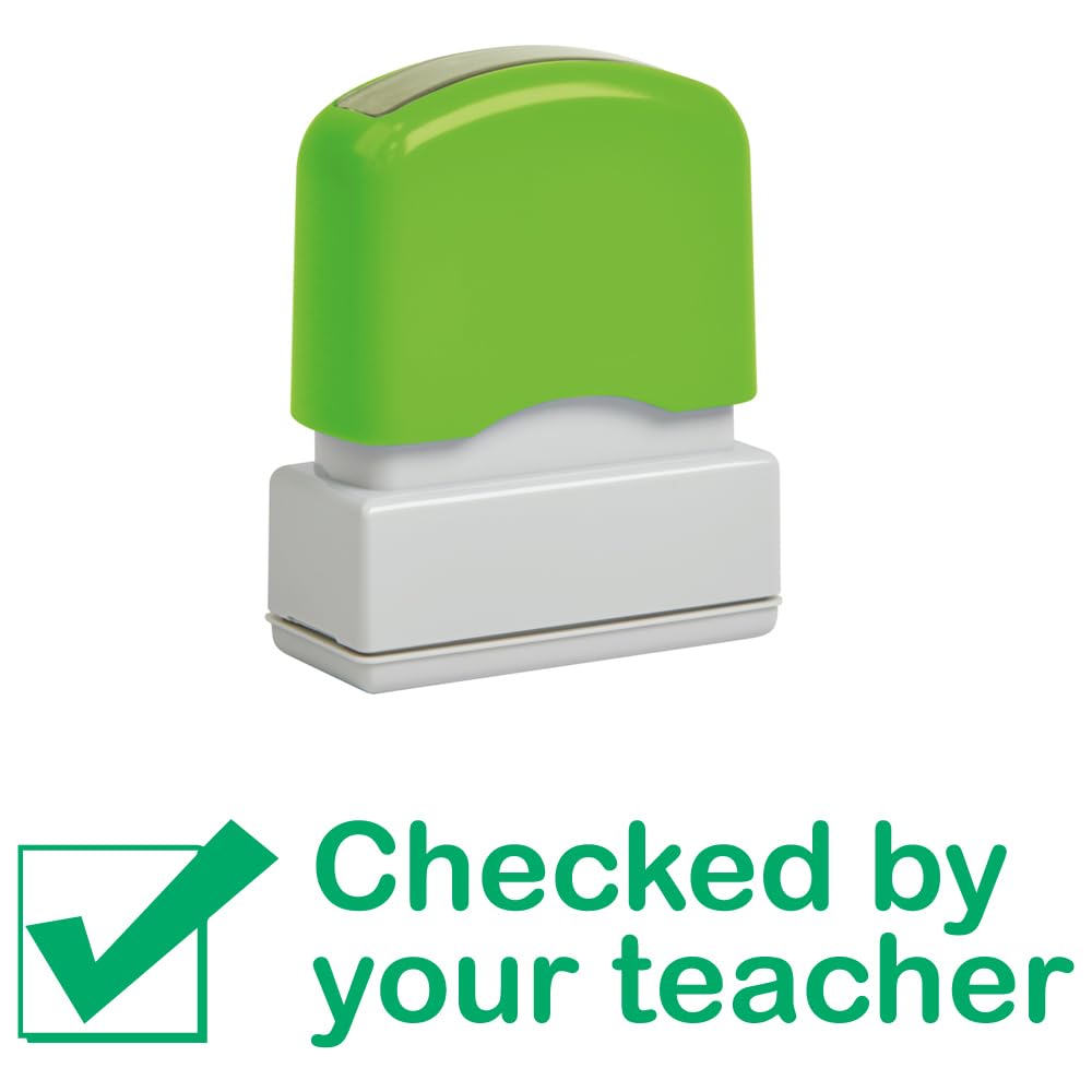 Checked by Your Teacher Self-Inking Teacher Stamp, Reinkable, Quality School Stamp 10x39mm Green Ink