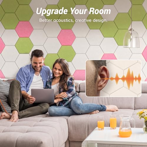 Image of 48 Pack High Density Hexagon Acoustic Panels, TONOR 12 inchx 10 inchx 0.4 inch Soundproof Wall Panels, Sound Absorbing Panels for Interior Wall Decor, Peel and Stick Modern for Studio, Office, Home, Beige