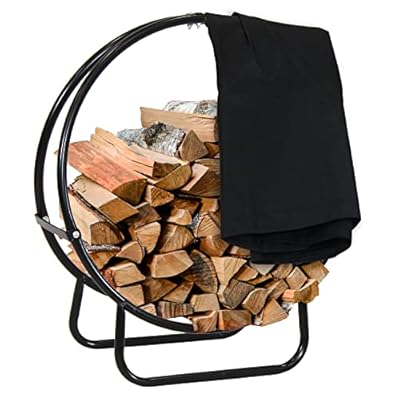 Sunnydaze Outdoor Firewood Log Rack Hoop and Cover Set - Powder-Coated Steel Round Firewood Rack and PVC Cover - Black - 24-Inch