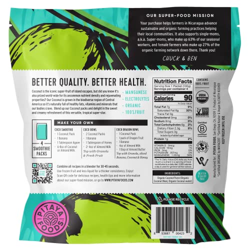 Pitaya Foods - Organic Coconut Smoothie Packs, Pre-Packaged Frozen Fruit Purée, No Added Sugar Or Preservatives, Good Source Of Fiber & Manganese, Gluten- & Dairy-Free, 100% Fruit (14 Oz, 8-Pack) #TOP1