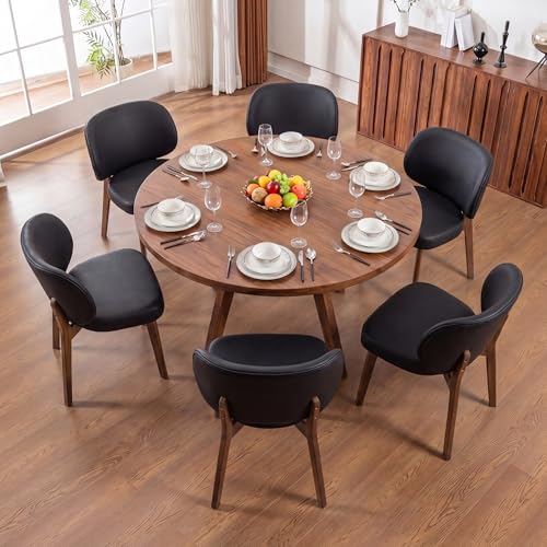 Image of YOUNIKE Dining Chairs Set of 6 Modern Kitchen Dining Room Chairs Black | Faux Leather Upholstered Armless Side Accent Chair with Back Wide Padded Seat Wooden Leg, Soft, Waterproof, Comfortable