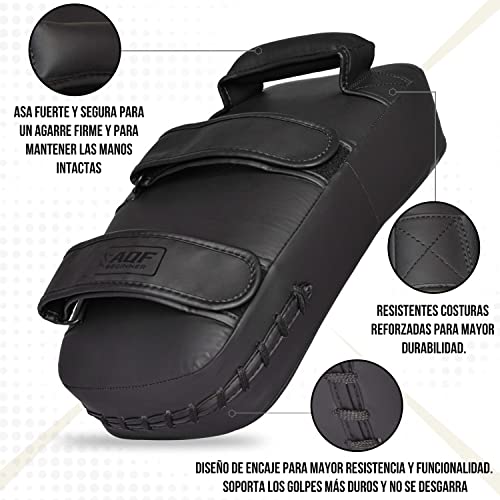 AQF Thai Pads para Kickboxing Muay Thai Mango Sólido, Escudo de Golpe Curvo de Cuero Maya para Boxeo MMA Artes Marciales Taekwondo, Entrenamiento Deportes Combate Codos Patadas Golpes (Par, Negro) - imagen 2