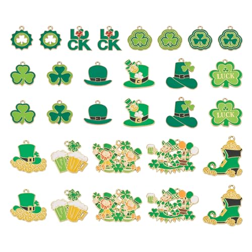 PandaHall - 30 dijes de trébol esmaltado, colgantes de trébol irlandés verde, trébol de tres hojas de la suerte, para hacer collares y joyas del día de San Patricio