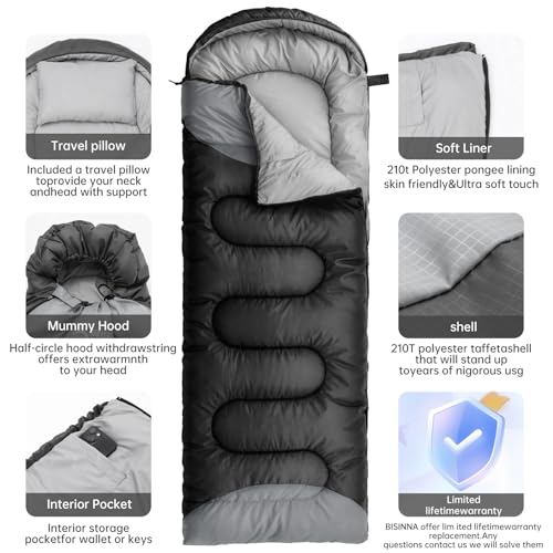BISINNA Slaapzak met kussen - 4 seizoenen lichtgewicht waterdichte warme slaapzak met compressiezak voor volwassenen, vrouwen, mannen buiten kamperen, wandelen (zwart, 4 seizoenen rechtse - Afbeelding 4