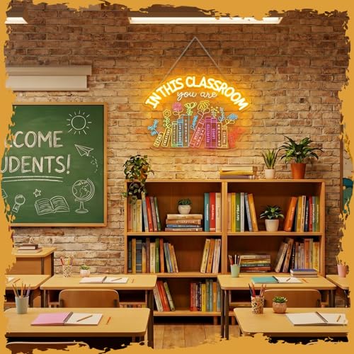 Image of Retisee 15.8 x 11 Inches in This Classroom Neon Sign Wall Decor Back to School LED Neon Sign Classroom Decor for Back to School Motivational Teacher Appreciation Gift
