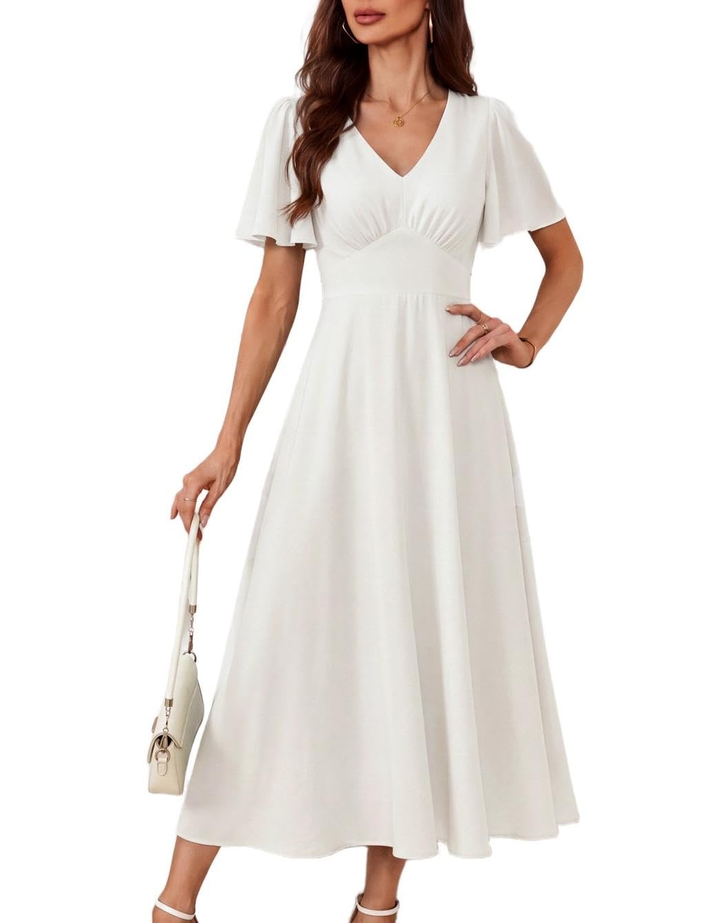 Grace Karin Damen Sommer Casual Maxi Freizeitkleider Kurzarm Slim Fit Kleid V-Ausschnitt A-Linien Kleid