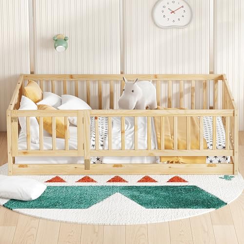 Image of Bellemave Full Size Montessori Floor Bed with Door & Slats, Solid Wood Kids Floor Bed Frame with High Safety Fence, Low Profile Bed for Boys & Girls, Natural