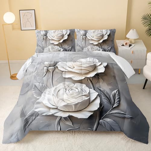 Image of QOOMO Flowers Comforter Set, Twin Size, Gray | Cartoon Plants Bedding, Microfiber Lightweight, 1 Comforter 2 Pillowcases