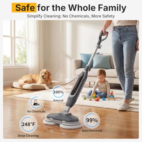 Image of NEWBULIG Steam Mop, All-in-One Steam Mops for Floor Cleaning with Rapid Re-heat, Self-Standing Floor Steamer, 4 Rotating Scrub Pads, 2 LED Headlights, for Hardwood Floors & Tile