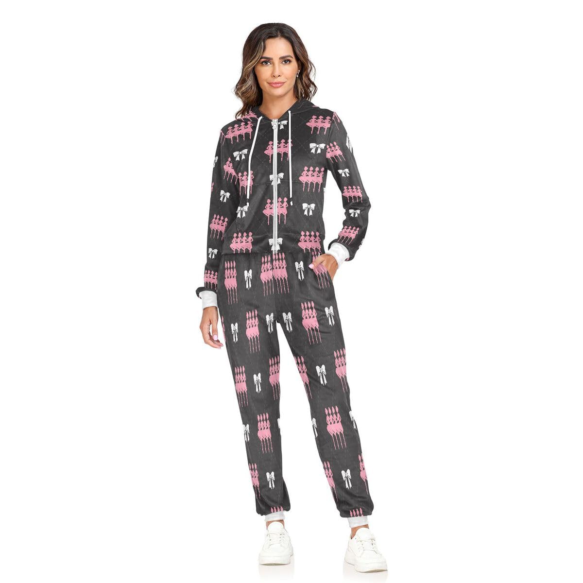 Conjunto deportivo de 2 piezas para mujer, conjunto deportivo de manga larga con lazo blanco
