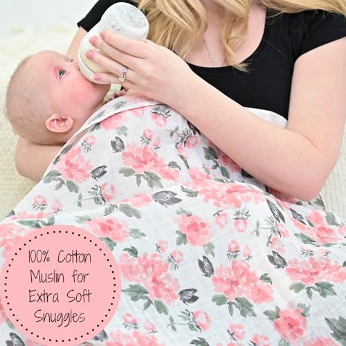 Image of LollyBanks Muslin Swaddle Blankets for Girls, Large 47 x 47 Inches Soft Swaddles for Newborns, 100% Cotton Breathable and Lightweight Baby Blanket, Baby Essentials, Registry (Pink Peony Print)