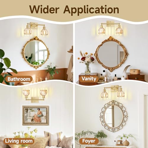 Image of 2 Light Bathroom Vanity Lights Over Mirror,Vintage Wall Sconce,Antique Brass Bathroom Light Fixtures,Tulip Sconces Wall Lighting with Amber Thick Glass Shade for Bedroom Living Room, E26 Base