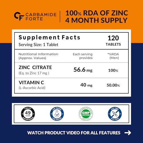 Image of Carbamide Forte Zinc Citrate with Vitamin C | Zinc Supplements for Men & women with 100% RDA Zinc | Immunity & Cellular Health Support - 120 Tablets (Pack of 2)