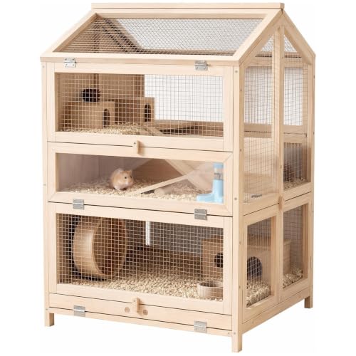 PawHut Hamsterkäfig Kiefernholz 3 Etagen für Kleintiere 68 x 61,5 x 90 cm | Nagerkäfig, Kleintierkäfig, mit Hütten, Wippen, Rampen, Wasserschalen, Mäusekäfig Naturholz