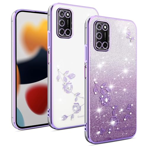 XINYEXIN Cover per Oppo A52 / Oppo A72 / Oppo A92 Trasparente con Glitter Brillante e Design Floreale, Custodia Antiurto Ultrafina Elegante, Case Cover - Viola