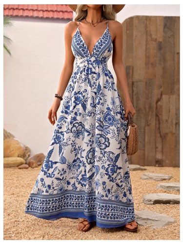 Image of MakeMeChic Women's Boho Maxi Dress Summer Luau Outfits Beach Wedding Guest Backless Sundress Flowy Resort Wear