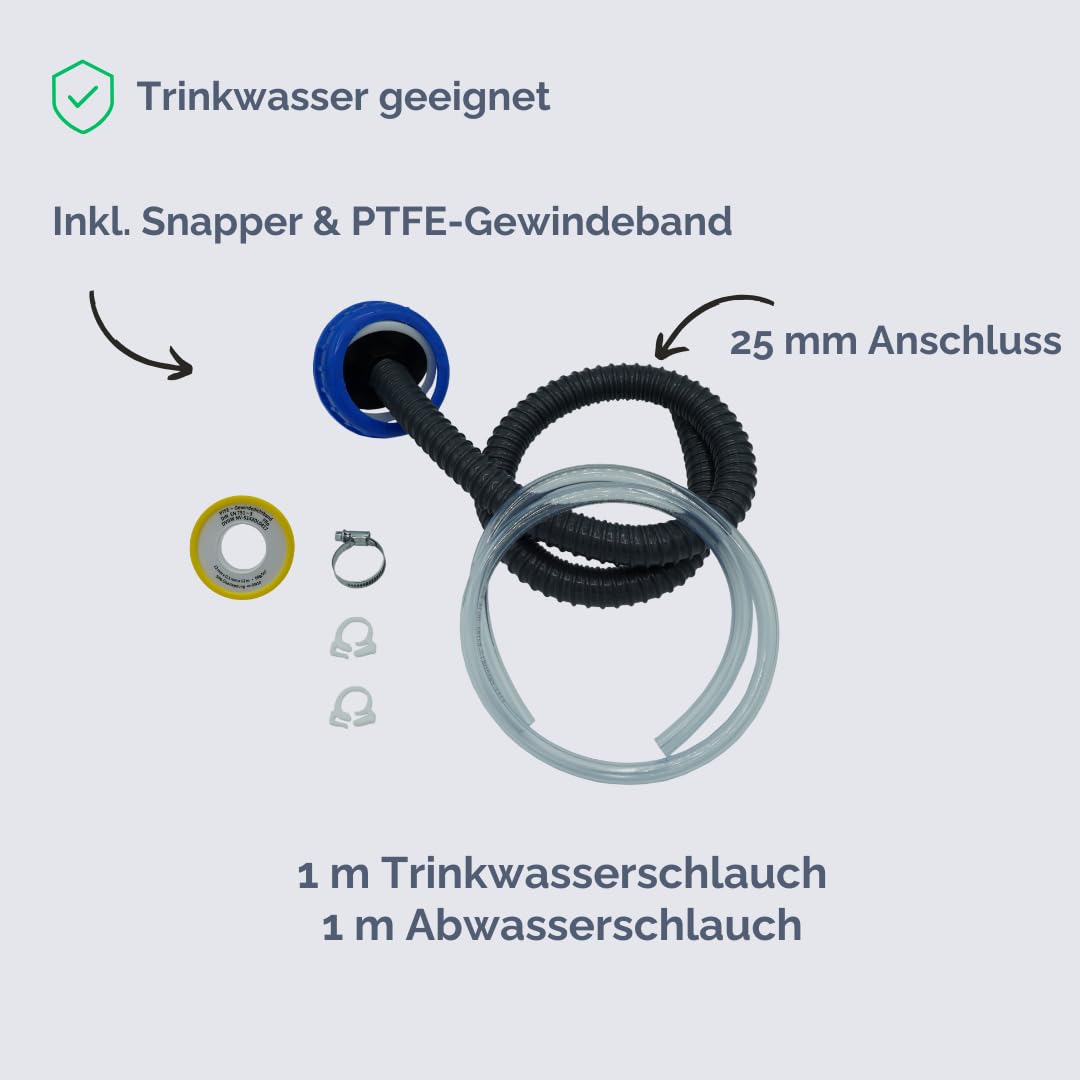 Camping 2 x 12 L Wasserkanister mit Armatur, Wasserpumpe, Kabelsatz, Abwasserschlauch mit 25 mm Anschluss, für Campingküche, Vanküche/Food-Truck-Ausbau