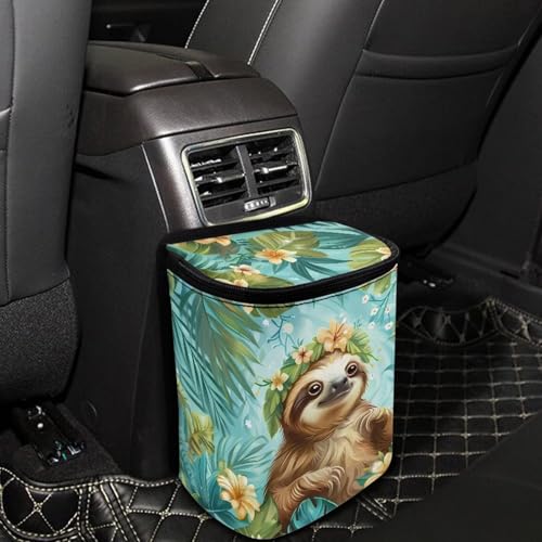 Image of Talayituse Sloth Leaf Print Car Trash Can Portable Auto Garbage Bin Multifunctional Vehicle Interior Accessories with Adjustable Straps Universal Fit Truck SUV Sedan