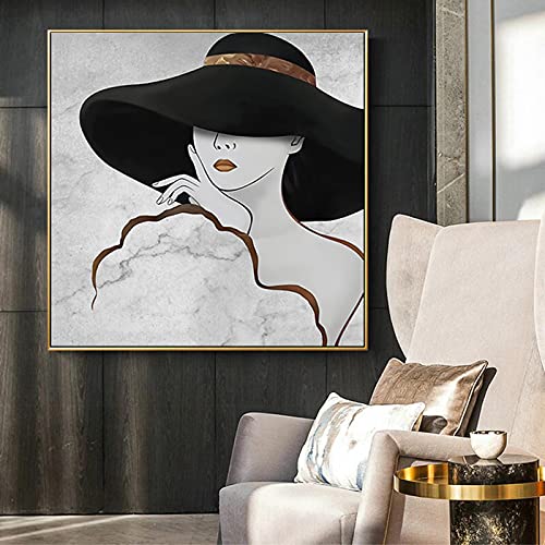 Cuadro de mujeres con sombreros decorativo ideal para un salón moderno con diseño de mármol