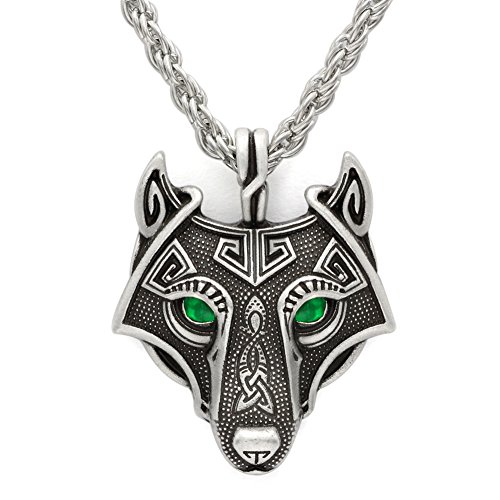 GuoShuang Norse Vikings Pendant Necklace Norse Wolf Head Necklace Original Animal Jewelry Wolf Head hange with Valknut Gift Bag