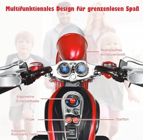 FANTASK 6V Elektro Motorrad Kinder 2,5-3 km/h, Geschwindigkeit KinderMotorrad mit verstellbaren Scheinwerfer Rot, Dreirad Elektromotorrad mit Sound, Hupe, Rückspiegel, Pedale – Bild 3